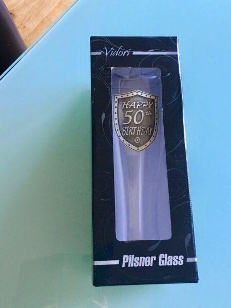 NEW Gift Idea - Beer Glass with Silver Shield Happy 50th Boxed