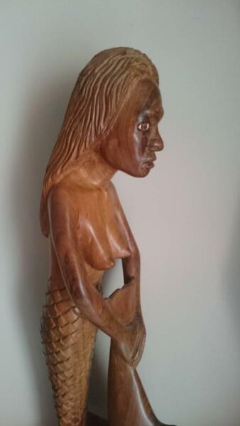 HAND CARVED TIMBER MERMAID AND DOLPHIN