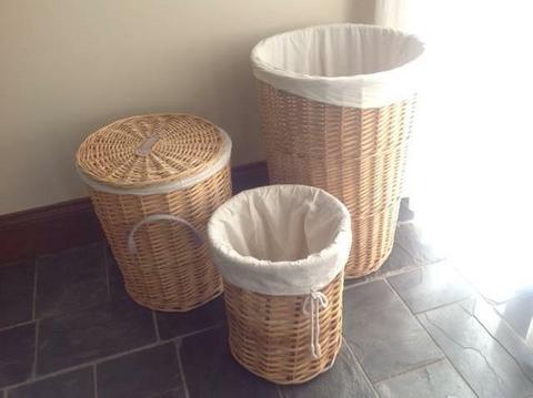 set of three lined wicker cane laundry washing baskets