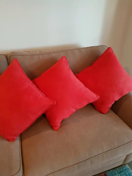 Red micro fibre cushions ($25 the lot $10 each)