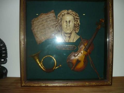 ornament piece Beethoven bust and music instruments in framed box