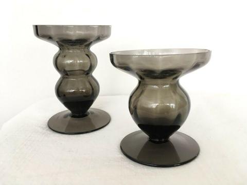 Set of 2 Luxe Smoke Grey Glass Pillar Candle Candlestick Holder