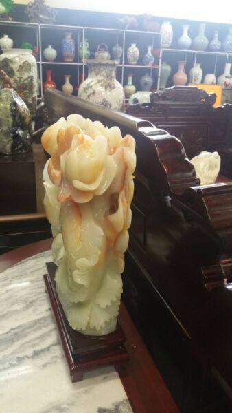 White Jade Flower Centrepiece on Wooden Stand