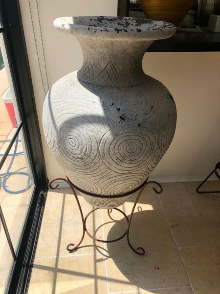 Large forged decorative pot on stand