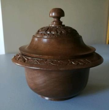 Hand carved wooden bowl and lid