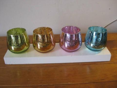 4 x Retro Speckled Candle Holders On Solid Wooden Tray - VG Cond