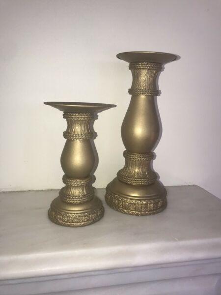 Set of two antique gold brass vintage candle holders