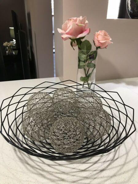VERY PRETTY BASKET WITH SILVER BALLS PLUS VASE WITH FLOWERS FROM MYERS