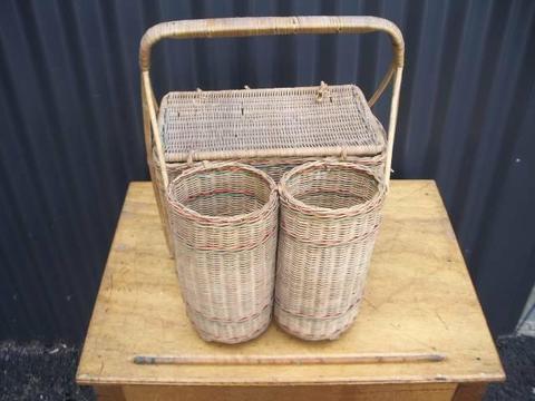 Vintage Cane Picnic Basket with 2 Bottle Holders