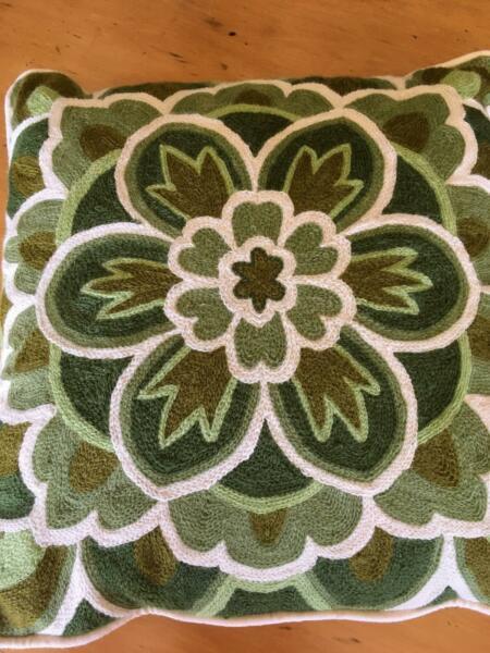 Lovely Wool Worked Chain Stitch Cushion Green Colours