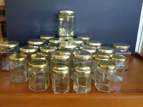 25 New Glass Jars with Metal Lids. Mixed sizes