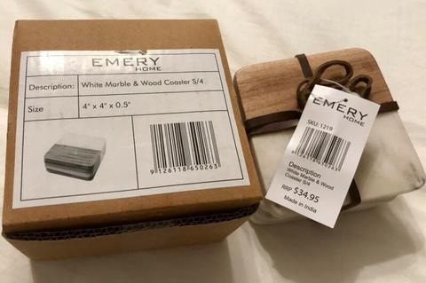 New: Emery Home White Marble and Wood Coaster x4