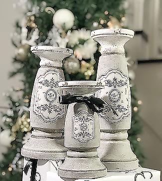 French Country Provincial Set 3 Stone Look Candlesticks