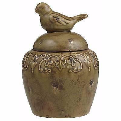 French Country Provincial Green Ceramic Lidded Bird Ginger Jar