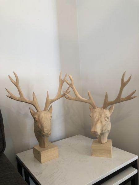 2 x Hand Carved Wooden Deer Heads