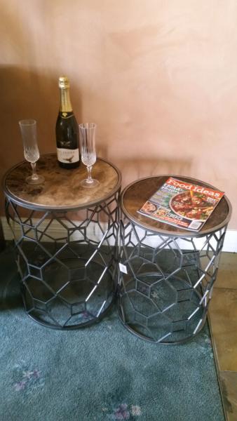 Set of 2 side coffee tables marble top silver iron NEW exdisplay