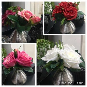 5 BLOOM REAL TOUCH PERFUMED ROSES IN SILVER BASE - CHOOSE COLOUR ROSE