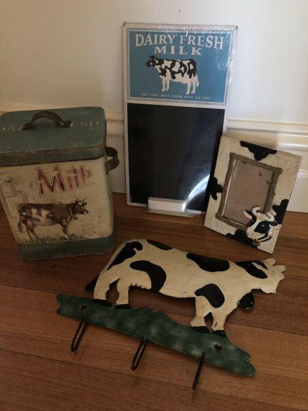 Cow themed collectables - large tin, chalkboard, coat hook and frame