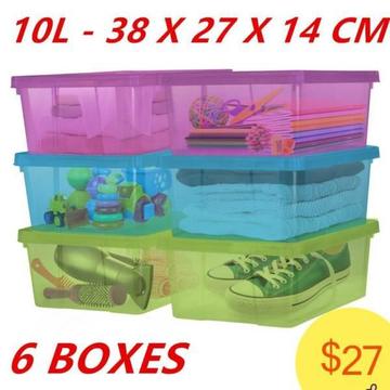 (NEW) 6PK Plastic Colored Storage Boxes 10L Crate Containers Tub