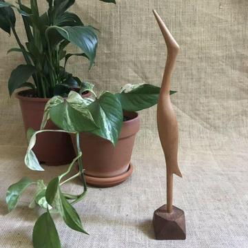 VINTAGE WOODEN CRANE CARVING STATUE