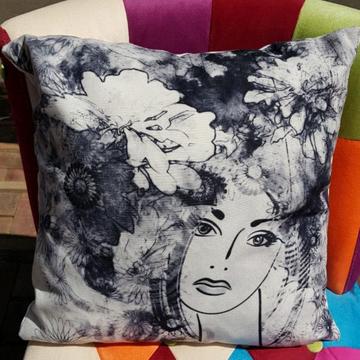 Black/Cream Abstract Flower Lady Design Cushion $35