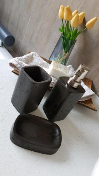 Bathroom soap dish and dispenser set