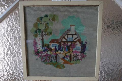 Vintage framed woollen tapestry - country house and garden