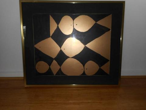 ABSTRACT GOLD & BLACK FISH PRINT IN GOLD FRAME AND BLACK INLAY