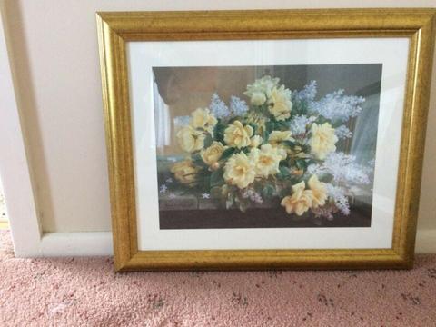 Yellow rose print with gold frame One only - Used