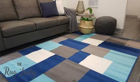 BRAND NEW!! Medium Blue Modern Multicoloured Tiles Floor Rug