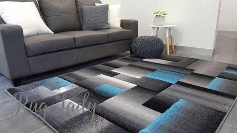 NEW!!!! Large Blue Grey Pattern Squares Floor Rug
