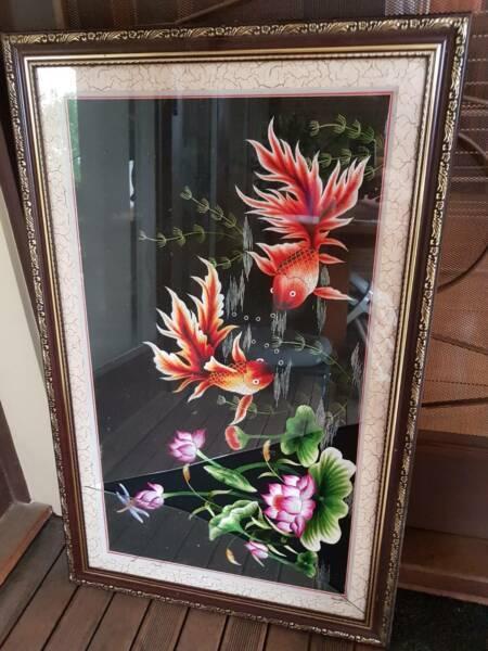 Japanese/Chinese Large Picture Framed - Koi Fish Embroidery