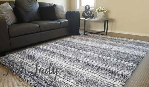 NEW!!! Extra Large Shaggy Grey White Stripes Floor Rug