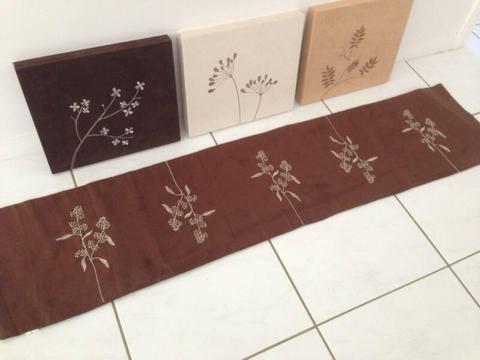 Set of 3 Suede Effect Flower Pictures and a TTable Runner