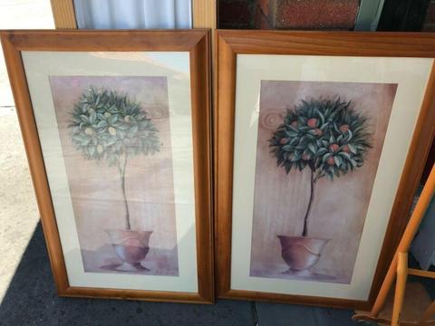 2 flower paintings timber frame