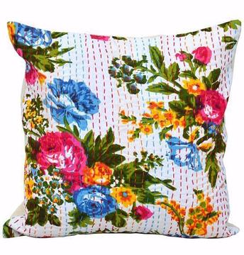 Handmade Multicolored floral White cotton cushion cover-50% off