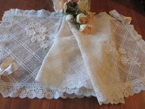 OOAK ITALIAN LACE TABLE RUNNER WITH 3D APPLIQUES - LONG