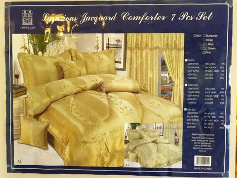 Queen 7 piece Jacquard Comforter Bed Set in gold - $35 negotiable