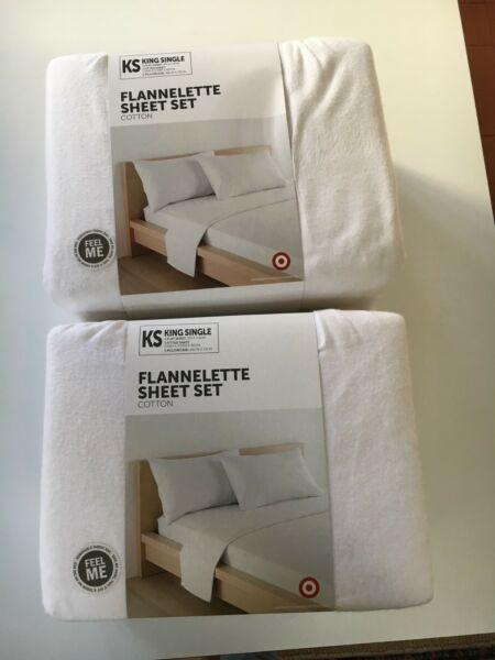 2 x king single white flannelette sheet sets NEW