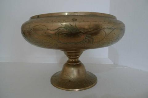 Antique Solid Brass Pedestal Bowl - Dragon motif