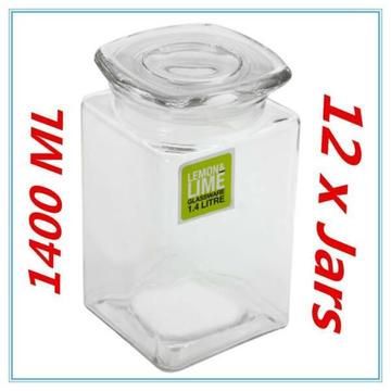 (NEW) 12 X Square Shape Glass Storage Jars 1.4L Jar w/h Glass Lid