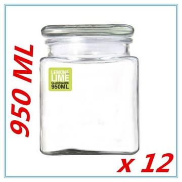(NEW) 12 X Square Shape Glass Storage Jars 950ML with Glass Lid