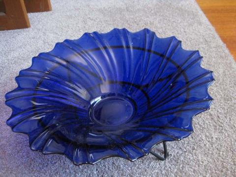 Large, Fancy, Blue Bowl on a Black, Metal Stand