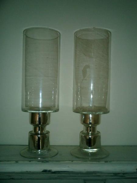 Set 2 Tall Silver Glass Hurricanes / Candle Holders / Lanterns