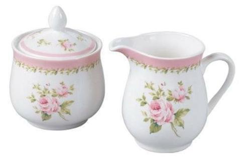 Pink & White Shabby Chic Rose Print Sugar Bowl & Milk Jug Set