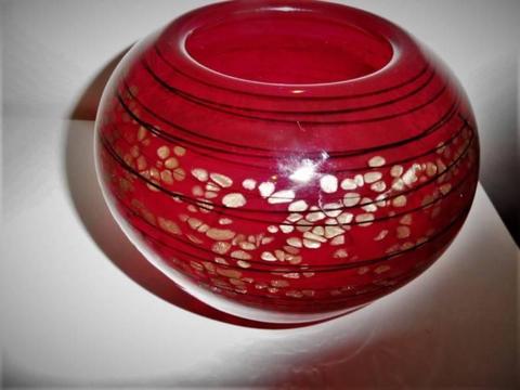 Vase or Ornement Red with Gold Leaves Solid Weighty Glass