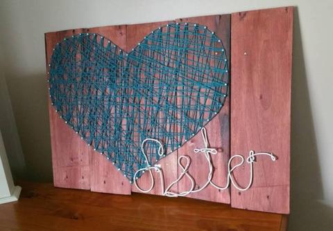 'Sister' String Art Heart Sign - Wood and Green - Great Condition