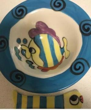 Little ceramic handmade fish bowl & ceramic spoon