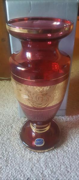 New Hand Cut Bohemia crystal Ruby Red glass with Gold finish Vase