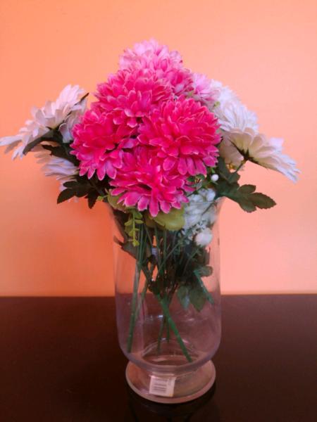 Flower assortment with wide glass vase